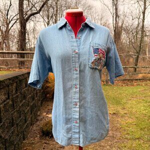 Vintage Northern Reflections Denim Teddy Flag Button Shirt